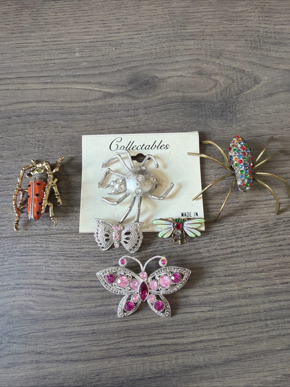 6 vintage Bugs,Butterflies & Spider Pins Brooches Enamel , Pink Rhinestones….